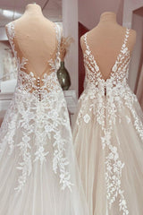 Wedding Dresse Lace, Charming Long A-Line V-neck Appliques Lace Tulle Wedding Dress