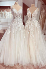 Wed Dress Lace, Charming Long A-Line V-neck Appliques Lace Tulle Wedding Dress