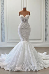 Wedding Dresses For Big Bust, Charming Sleeveless Spaghetti Straps Mermaid Wedding Dress with Ruffles