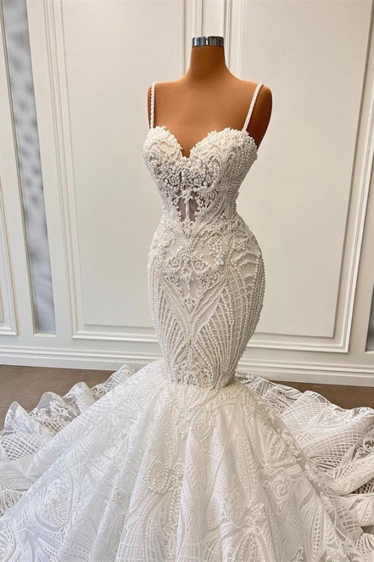 Wedding Dress Rustic, Charming Sleeveless Spaghetti Straps Mermaid Wedding Dress with Ruffles