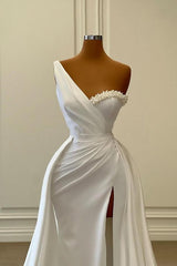 Bridesmaid Dresses Color Scheme, Charming White Long Mermaid One Shoulder Satin Beading Formal Prom Dresses