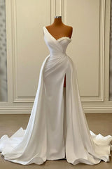 Bridesmaid Dress Color Schemes, Charming White Long Mermaid One Shoulder Satin Beading Formal Prom Dresses