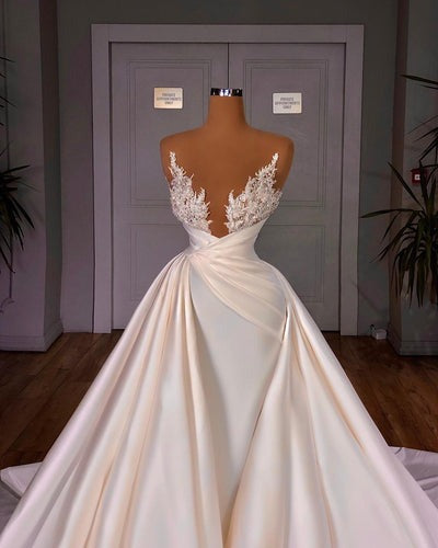 Wedding Dresses Online, Chic Long A-line Cathedral Sleeveless V-neck Satin Wedding Dresses
