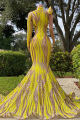 Bridesmaid Dresses Under 116, Chic Yellow Long Mermaid High Neck Tulle Lace Prom Dress with Sleeves