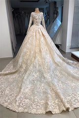 Wedding Dress Classy Elegant, Classic Scoop Long Sleevess Appliques Ball Gown Wedding Dresses