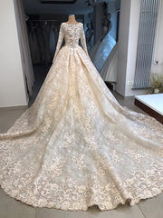 Wedding Dresses Elegant Simple, Classic Scoop Long Sleevess Appliques Ball Gown Wedding Dresses