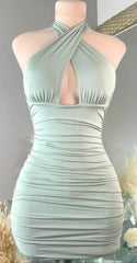 Homecoming Dresses Green, Cross halter Neckline Tight Dress,Sexy Birthday Outfit Dress,Mini Homecoming Dress