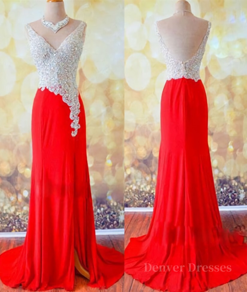 Prom Dresse Two Piece, Custom Made A Line V Neck Backless Sequins Red Prom Dresses, Red Evening Dresses