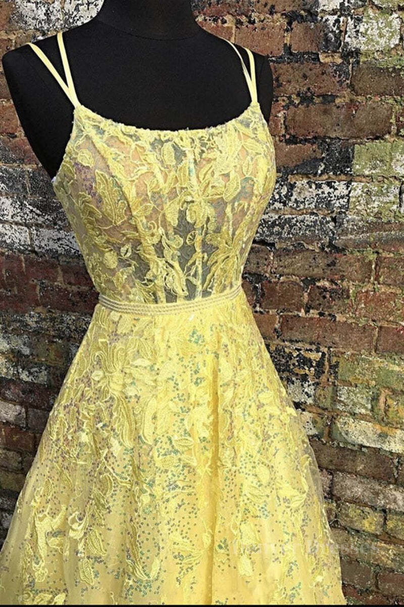 Formal Dresses Short, Custom Made Backless Yellow Lace Floral Long Prom Dress, Yellow Lace Formal Graduation Evening Dress