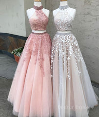 Champagne Prom Dress, Custom made two pieces tulle long prom dress, lace evening dress