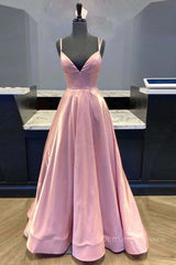 Prom Dress Lace, Custom Made V Neck Backless Pink Prom Dress, Backless Pink Formal Dress, Simple Pink Evening Dress