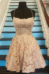Prom Dress For Teens, Cute Backless Short Golden Lace Prom Dresses, Golden Lace Homecoming Dresses, Short Golden Formal Evening Dresses