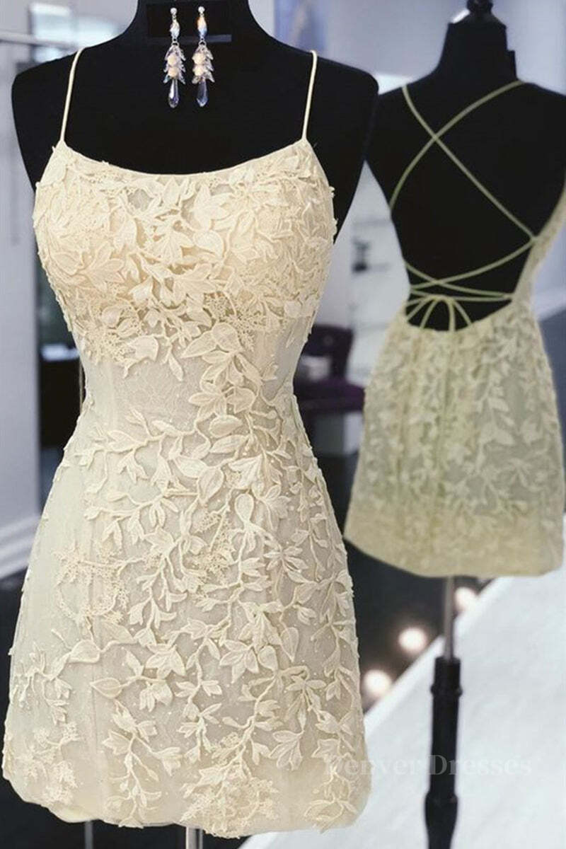 Party Dress Size 54, Cute Backless Yellow Lace Short Prom Dress, Yellow Lace Formal Graduation Homecoming Dress