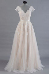 Wedding Dresses Fall, Cute Cap Sleeve V-neck Lace Tulle Wedding Dress