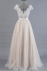 Wedding Dresses White, Cute Cap Sleeve V-neck Lace Tulle Wedding Dress