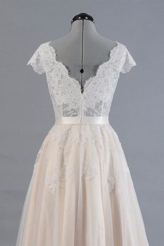 Wedding Dress With Lace, Cute Cap Sleeve V-neck Lace Tulle Wedding Dress