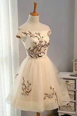 Bridesmaid Dress Gown, Cute Champagne Off Shoulder Knee Length Prom Dress , Lovely Formal Dress