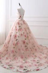 Bridesmaids Dresses Beach, Cute Floral Long Prom Dress with Lace,  A-Line Scoop Neckline Party Dress