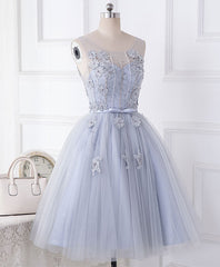 Prom Dress Long With Slit, Cute Gray Round Neck  Lace Tulle Short Prom Dress, Homecoming Dress