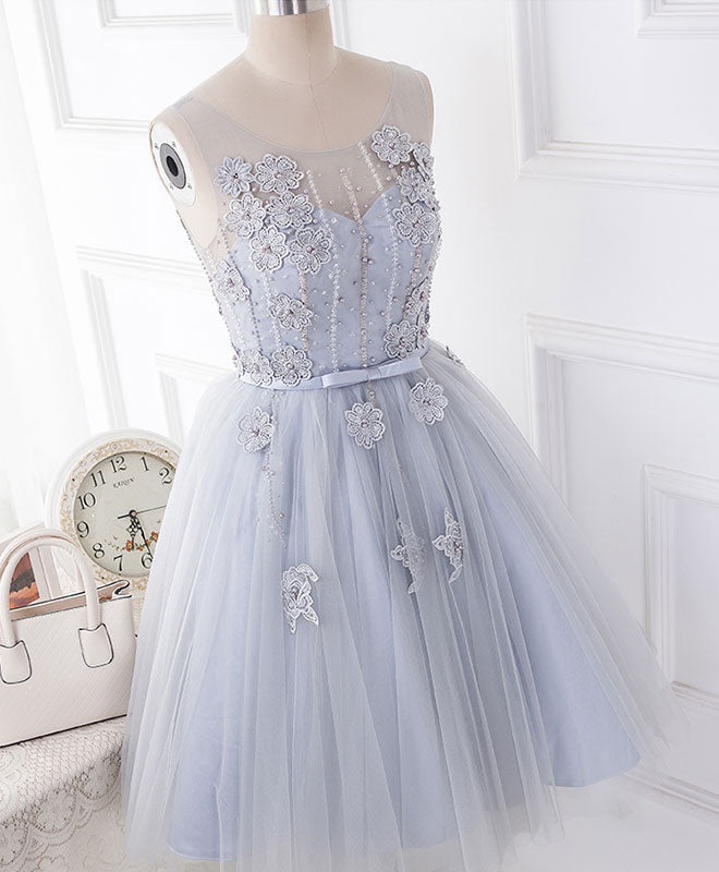 Prom Dresses Long With Slit, Cute Gray Round Neck  Lace Tulle Short Prom Dress, Homecoming Dress