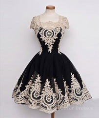 Beach Dress, Cute Lace Applique Black Short Prom Dresses, Lace Applique Homecoming Dresses