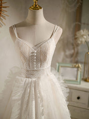 Party Dress Pattern, Cute Light Champagne Lace Tulle Short Prom Dress, Puffy Homecoming Dress