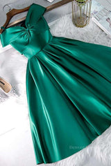 Black Bridesmaid Dress, Cute Off Shoulder Green Satin Short Prom Dresses, Off the Shoulder Green Homecoming Dresses, Green Formal Evening Dresses