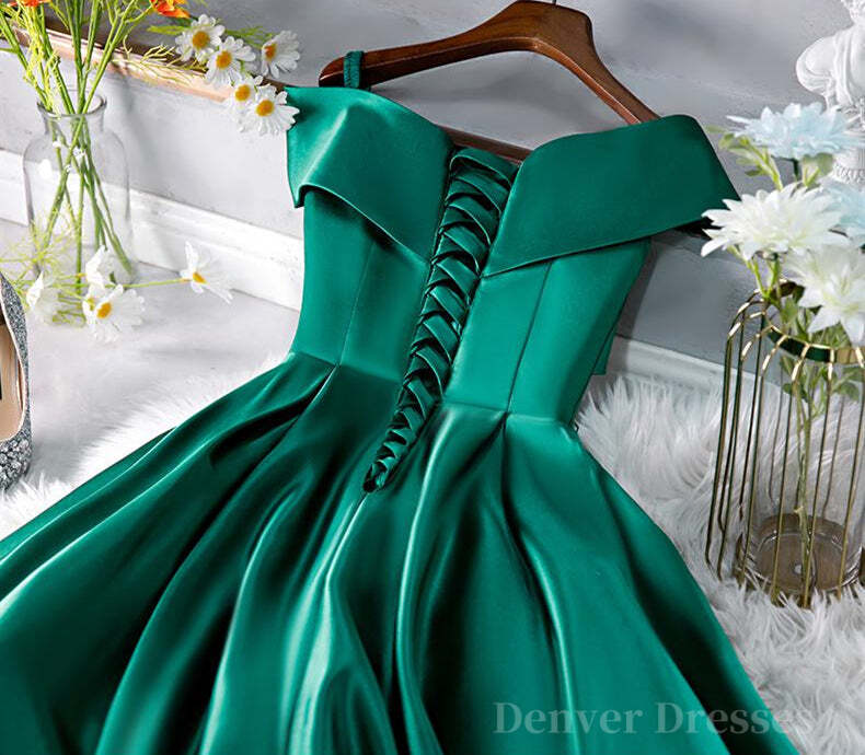 Satin Dress, Cute Off Shoulder Green Satin Short Prom Dresses, Off the Shoulder Green Homecoming Dresses, Green Formal Evening Dresses