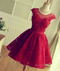 Prom Dress Sweetheart, Cute Round Neck Red Lace Short Prom Dresses, Red Homecoming Dresses