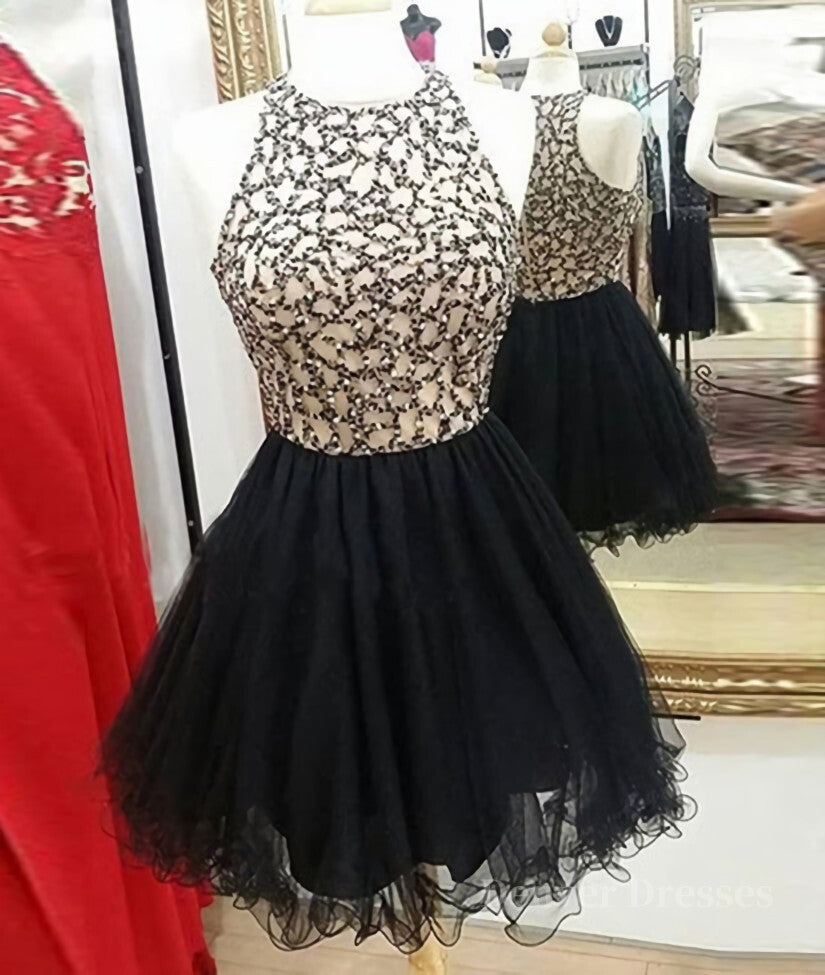 Prom Dress Shops Nearby, Cute Round-Neck Sequin Tulle Short Black Prom Dresses, Black Homecoming Dresses