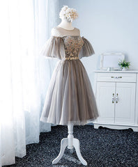 Bridesmaids Dresses Long Sleeve, Cute Round Neck Tulle Lace Short Prom Dress, Tulle Homecoming Dress