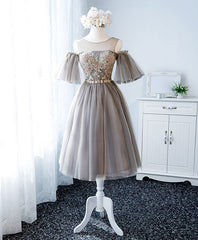 Bridesmaid Dresses Long Sleeve, Cute Round Neck Tulle Lace Short Prom Dress, Tulle Homecoming Dress