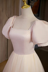 Bridesmaid Dresses Affordable, Cute Satin Tulle Long Prom Dress, A-Line Short Sleeve Evening Dress