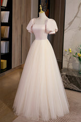 Bridesmaid Dresses Color Schemes, Cute Satin Tulle Long Prom Dress, A-Line Short Sleeve Evening Dress