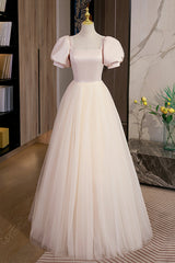 Bridesmaid Dresses Under 101, Cute Satin Tulle Long Prom Dress, A-Line Short Sleeve Evening Dress