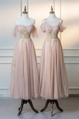 On Piece Dress, Cute Tulle Lace Tea Length Prom Dress, Pink A-Line Evening Party Dress