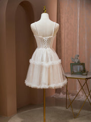 Party Dress Reception Wedding, Cute Tulle Light Champagne Short Prom Dress, Lace Homecoming Dress