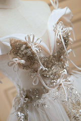 Wedding Guest Dress Summer, Cute Tulle Sequins Short Prom Dress, Light Champagne Off Shoulder Party Dress