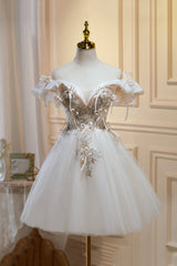 90 Prom Dress, Cute Tulle Sequins Short Prom Dress, Light Champagne Off Shoulder Party Dress