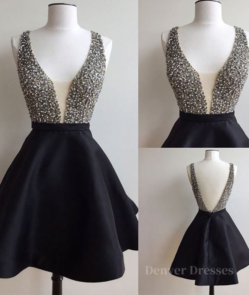 Prom Dress Navy, Cute V Neck And V Back Sequin Short Black Prom Dresses, Cute Short Black Homecoming Dresses