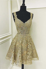 Prom Dress Vintage, Cute V Neck Golden Lace Short Prom Dresses, Golden Lace Homecoming Dresses, Golden Formal Evening Dresses