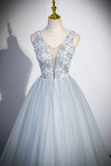 Party Dresses Size 18, Cute V-Neck Tulle Long Prom Dress, Gray Evening Dress Party Dress