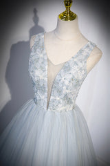 Party Dress Lace, Cute V-Neck Tulle Long Prom Dress, Gray Evening Dress Party Dress