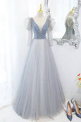 Bridesmaid Dresses Orange, Cute V-Neck Tulle Long Prom Dress with Beaded, A-Line Long Sleeve Evening Dress