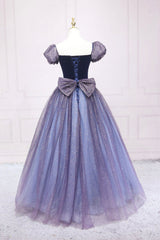 Bridesmaid Dresses Style, Cute Velvet Tulle Long Prom Dress, A-Line Short Sleeve Graduation Dress