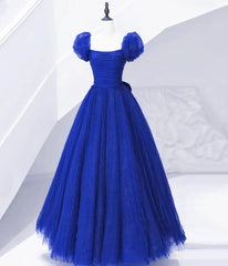 20 Th Grade Dance Dress, Cute Tulle Long Prom Dress with Bow, Royal Blue Short Sleeve Evening Party Dress