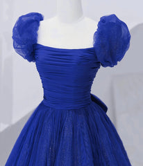 Pink Formal Dress, Cute Tulle Long Prom Dress with Bow, Royal Blue Short Sleeve Evening Party Dress