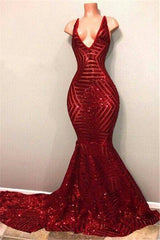 Bridesmaid Dress Different Styles, Red Sequins Shiny V-Neck Mermaid Long Prom Dresses