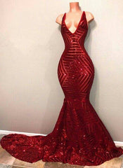 Bridesmaid Dress Inspo, Red Sequins Shiny V-Neck Mermaid Long Prom Dresses