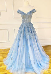 Bridesmaid Dress Website, Blue Lace Off the Shoulder Prom Dresses, A-Line Evening Dresses